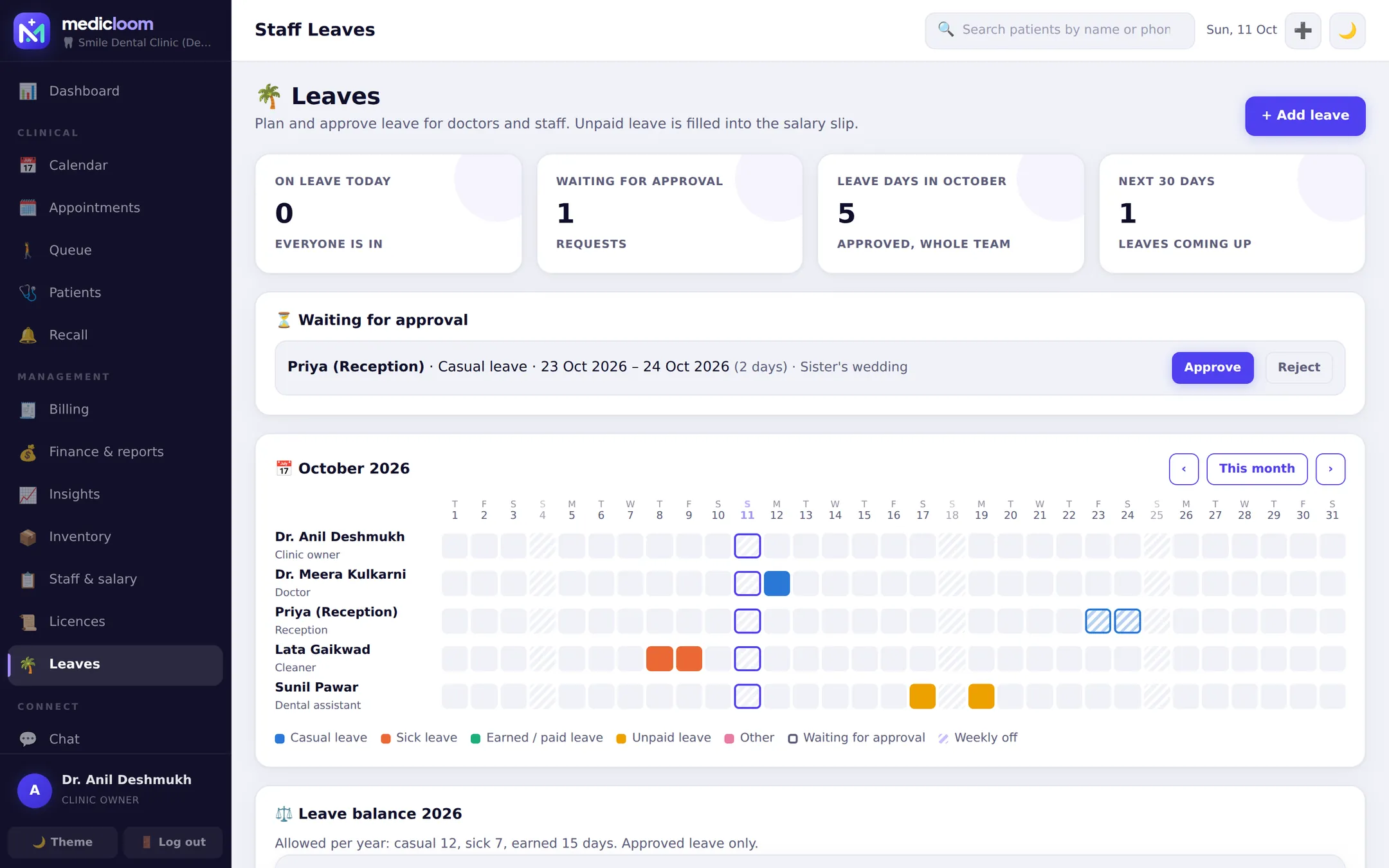 Leave planner with a month calendar and leave balances