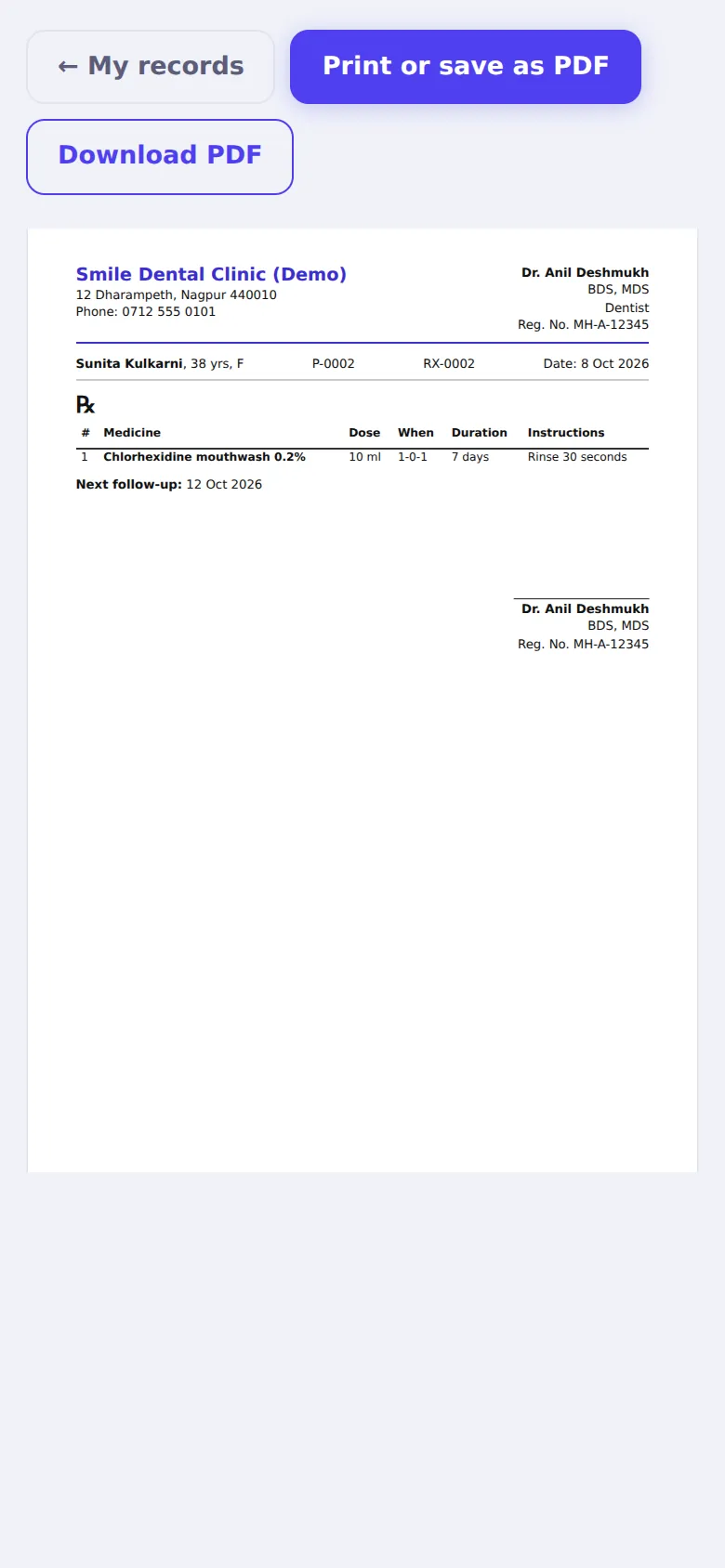 A prescription in the patient app