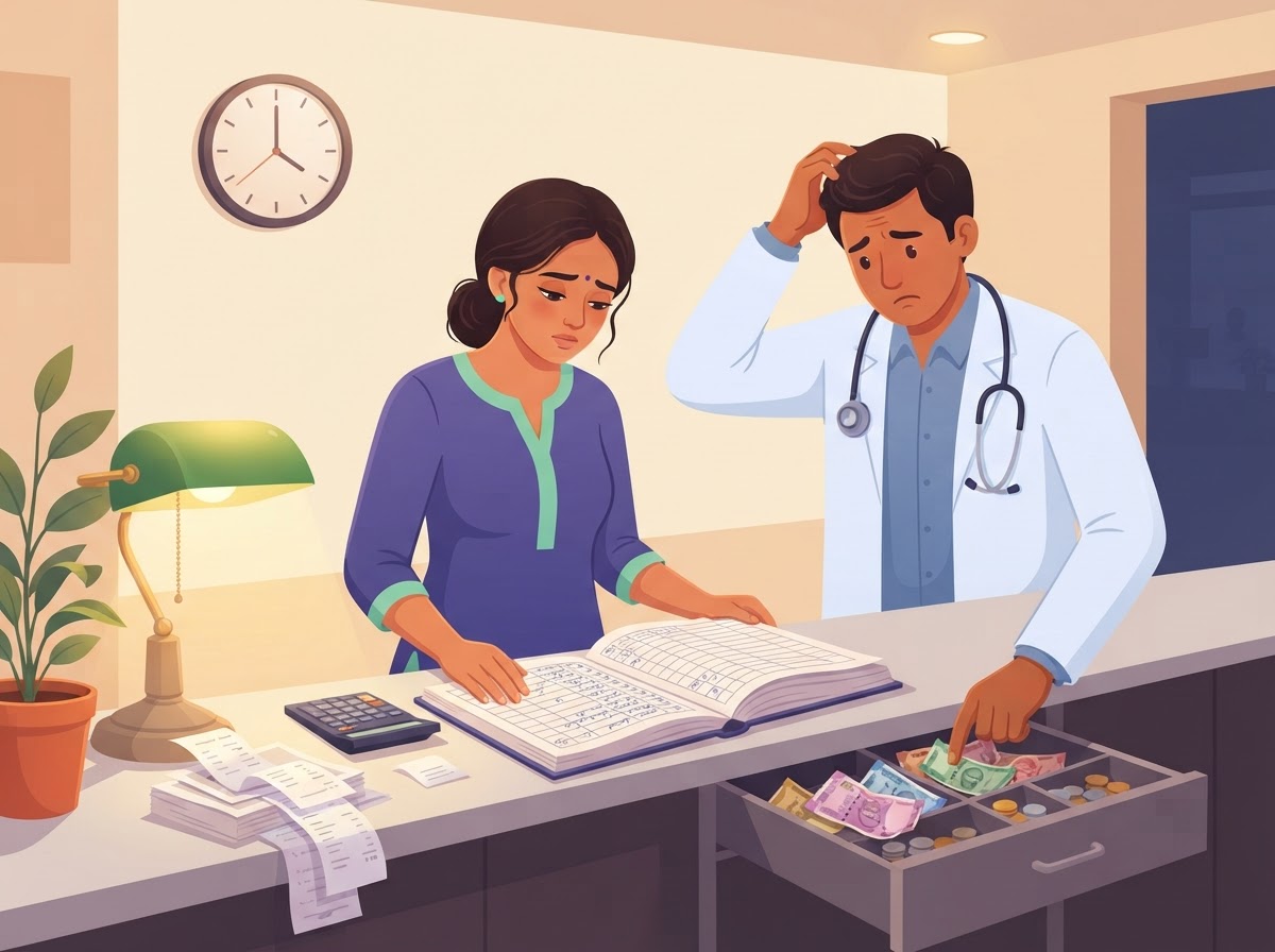 A doctor and receptionist comparing the register with the cash drawer