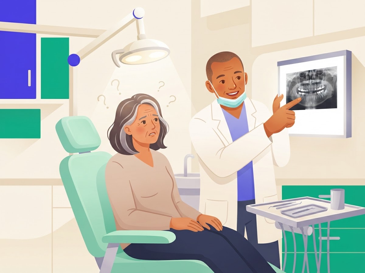 A dentist explaining an X-ray to a confused patient