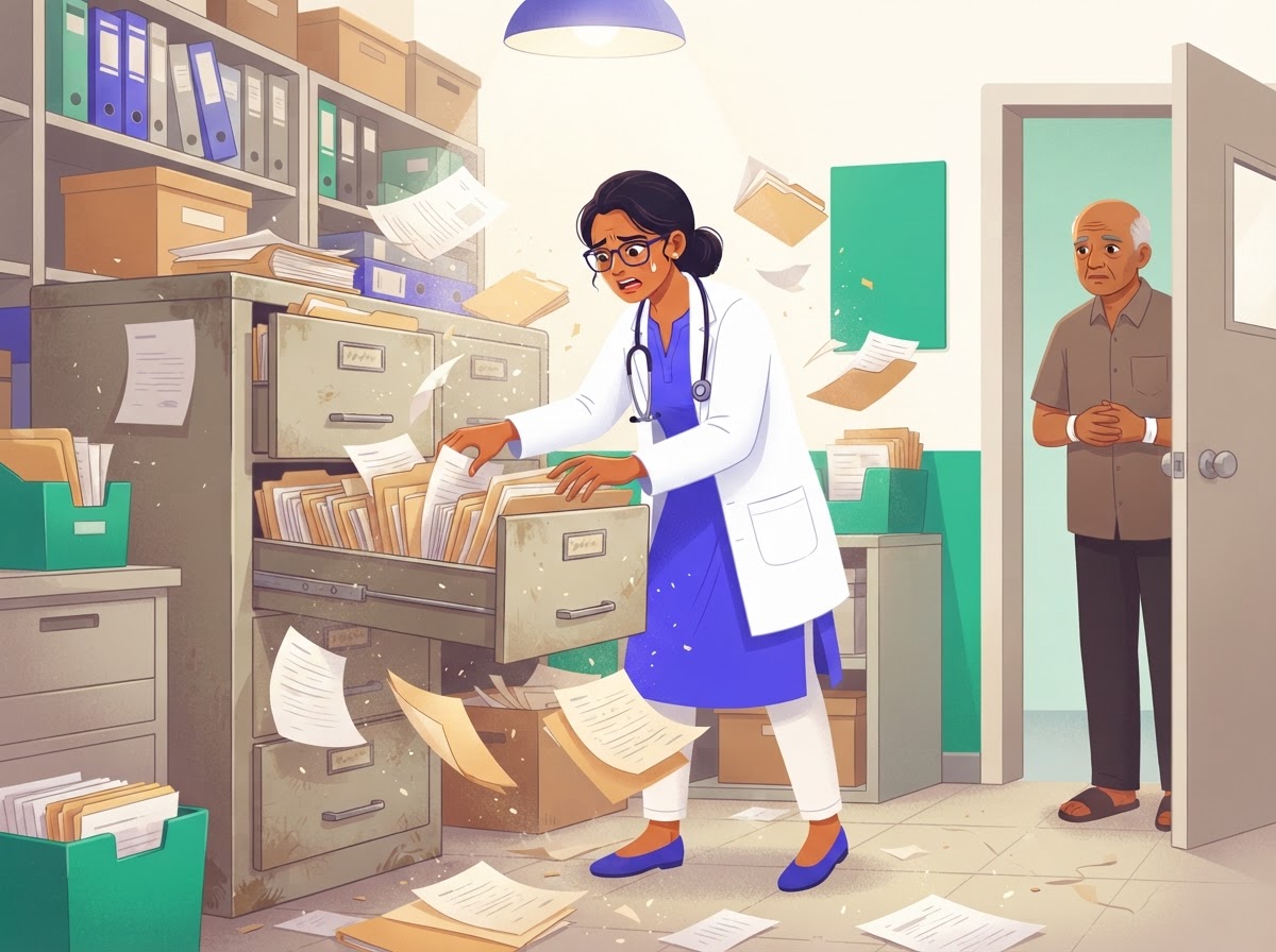 A doctor searching an overflowing file cabinet