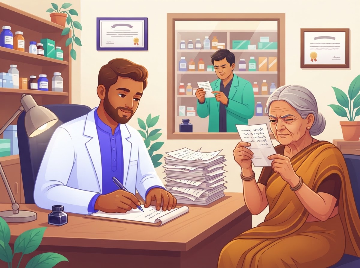 A patient struggling to read a handwritten prescription