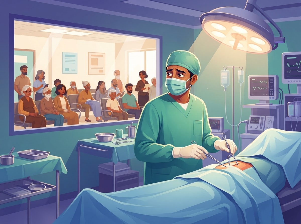 A surgeon in the operation theatre while patients wait outside