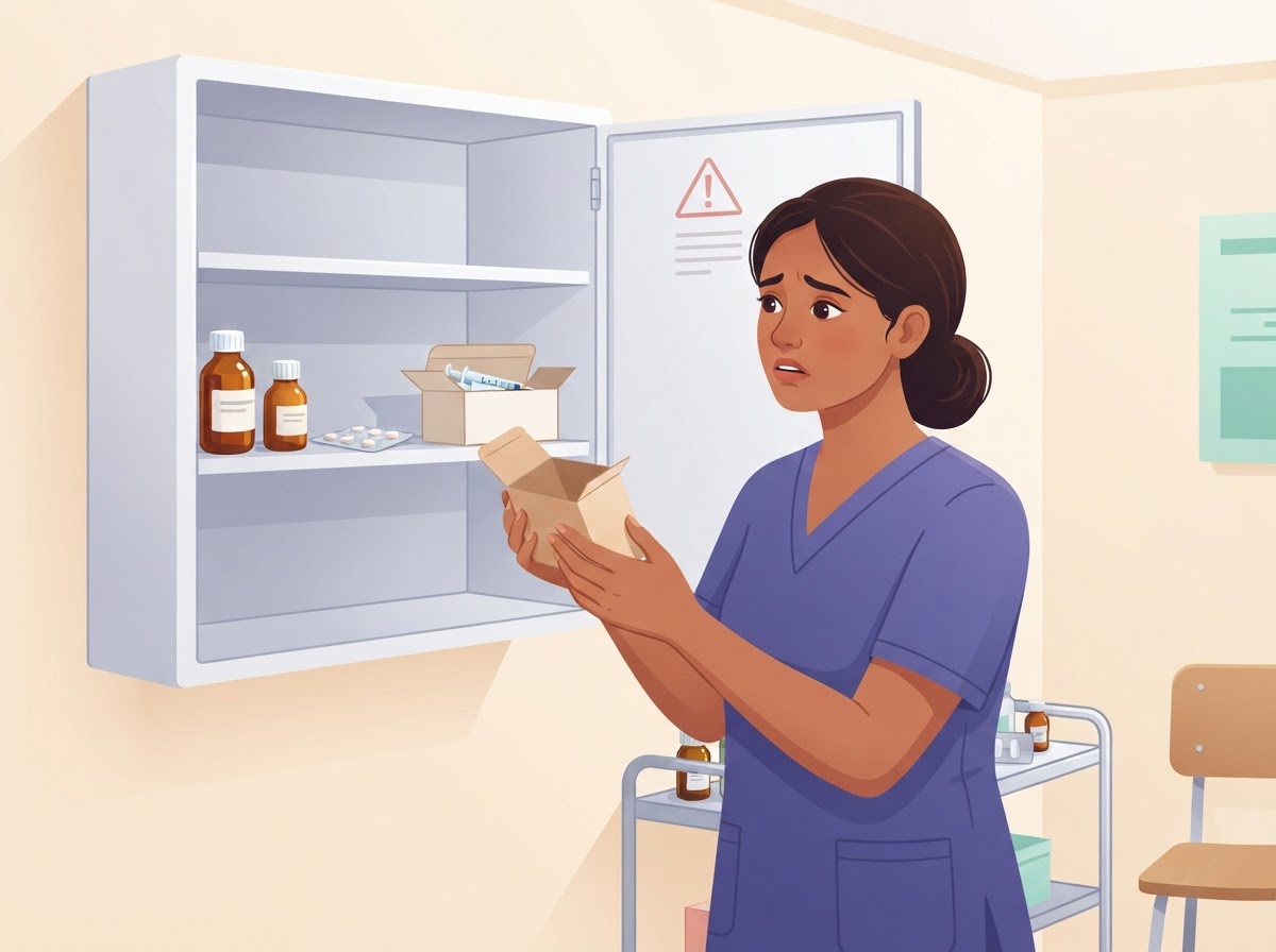 A nurse finding an empty medicine cupboard