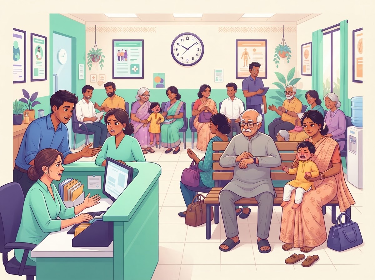 A crowded clinic waiting room with impatient patients